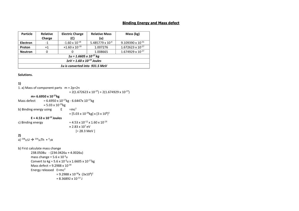 Binding Energy and Mass Defect