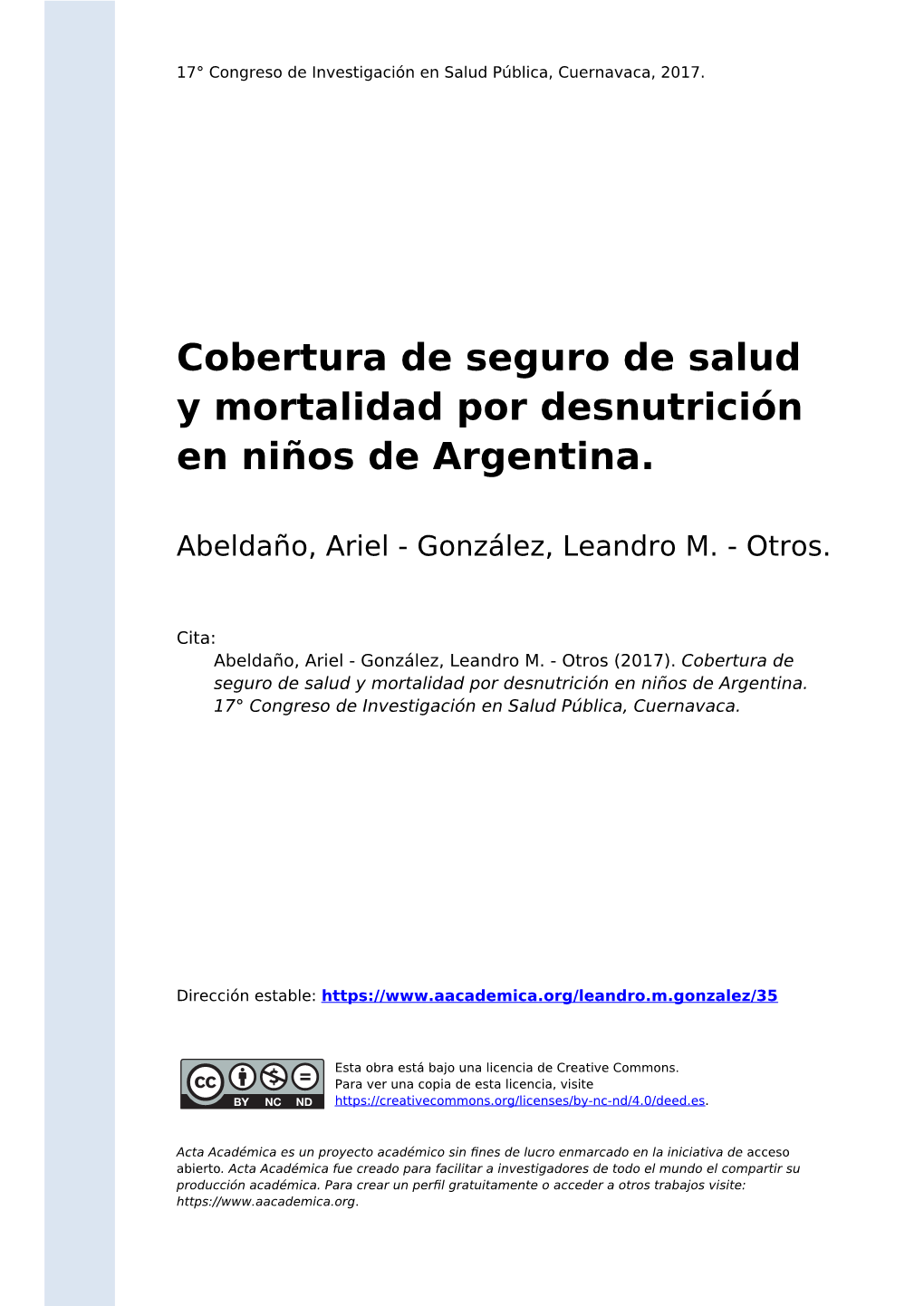 Cobertura De Seguro De Salud Y Mortalidad Por Desnutrición En Niños De Argentina