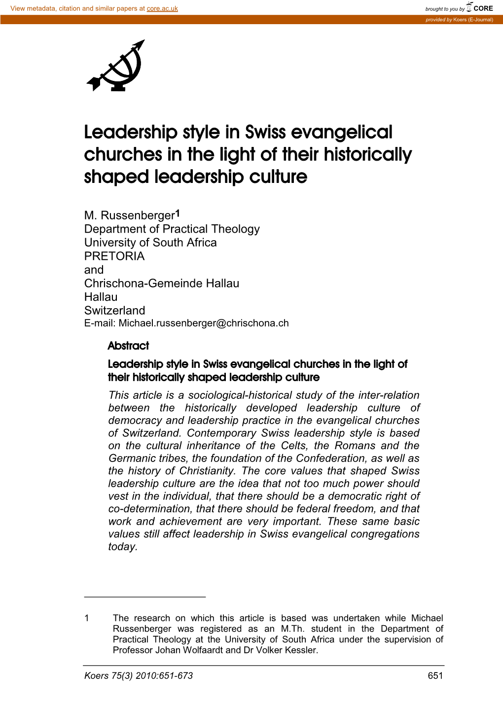 Leadership Style in Swiss Evangelical Churches in the Light of Their Historically Shaped Leadership Culture