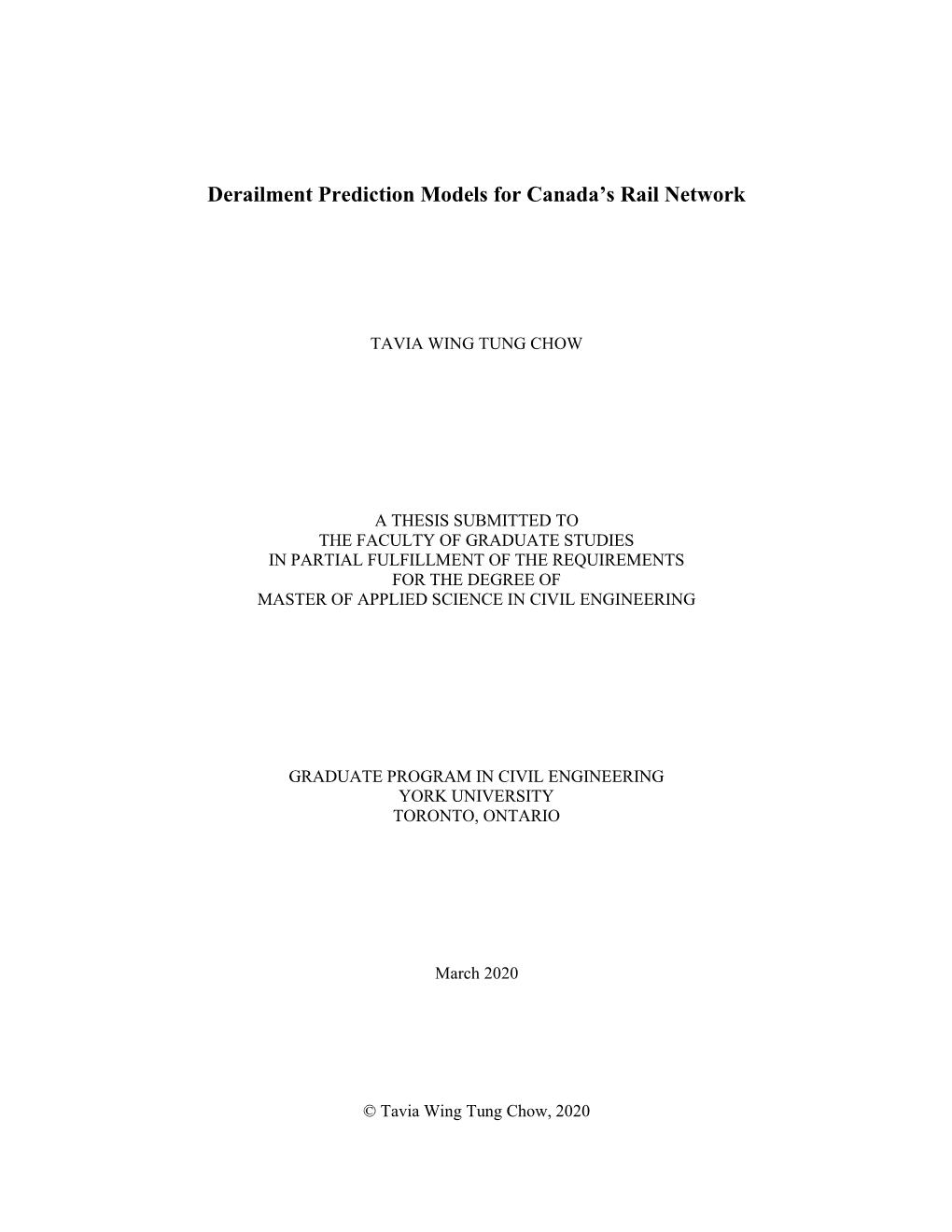 Derailment Prediction Models for Canada's Rail Network