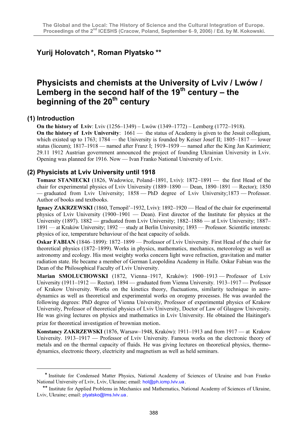 Physicists and Chemists at the University of Lviv / Lemberguntil 1918