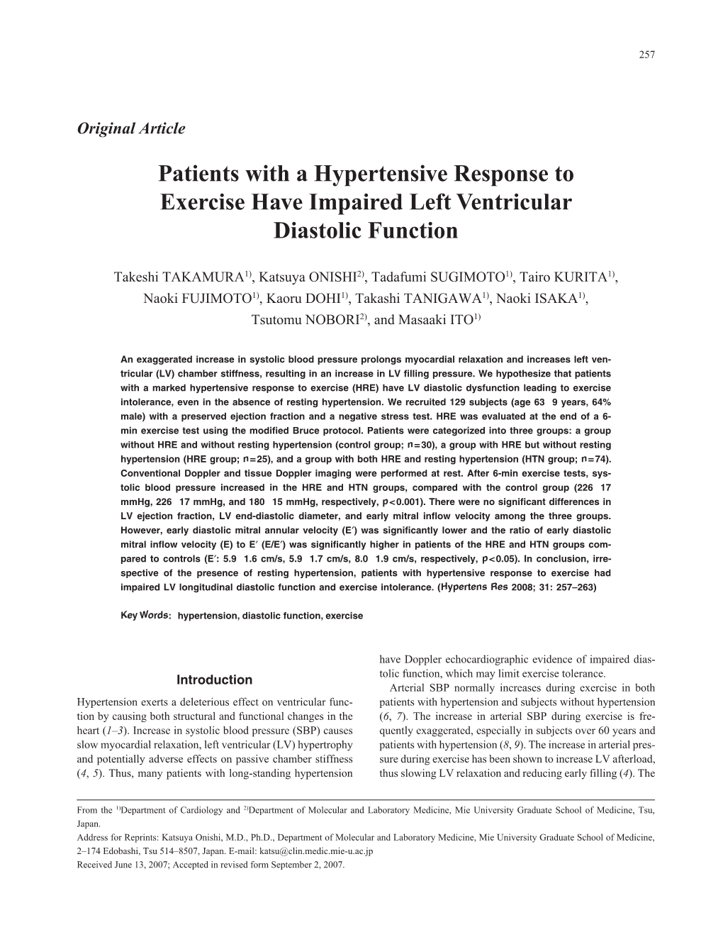 Patients with a Hypertensive Response to Exercise Have Impaired Left Ventricular Diastolic Function