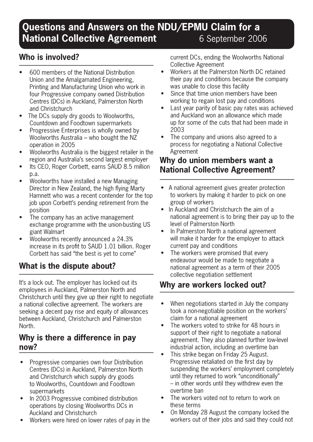 Questions and Answers on the NDU/EPMU Claim for a National Collective Agreement 6 September 2006
