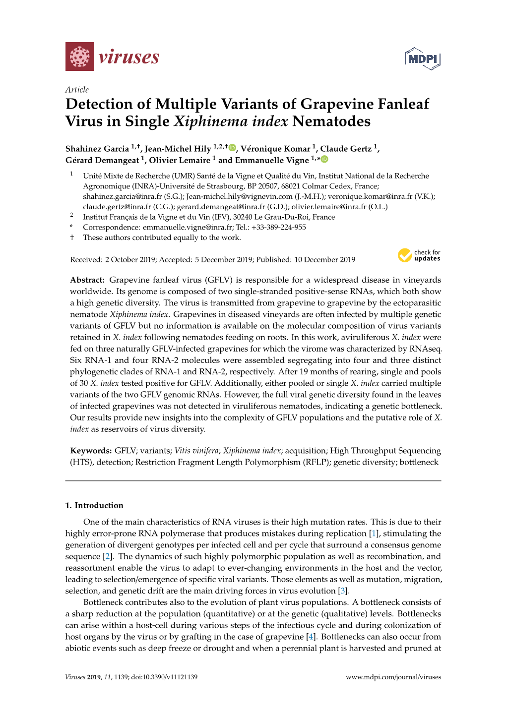 Detection of Multiple Variants of Grapevine Fanleaf Virus in Single Xiphinema Index Nematodes