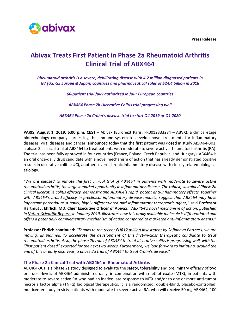 Abivax Treats First Patient in Phase 2A Rheumatoid Arthritis Clinical Trial of ABX464