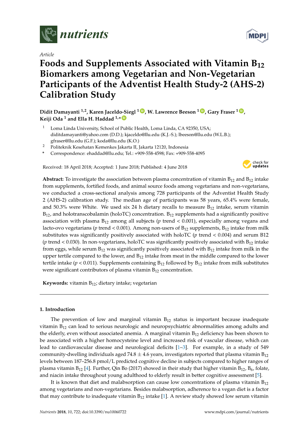 Foods and Supplements Associated with Vitamin B12 Biomarkers