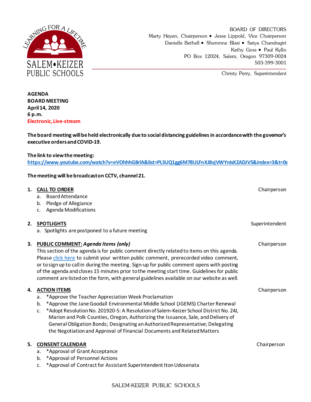 School Board Agenda April 14, 2020 (English)