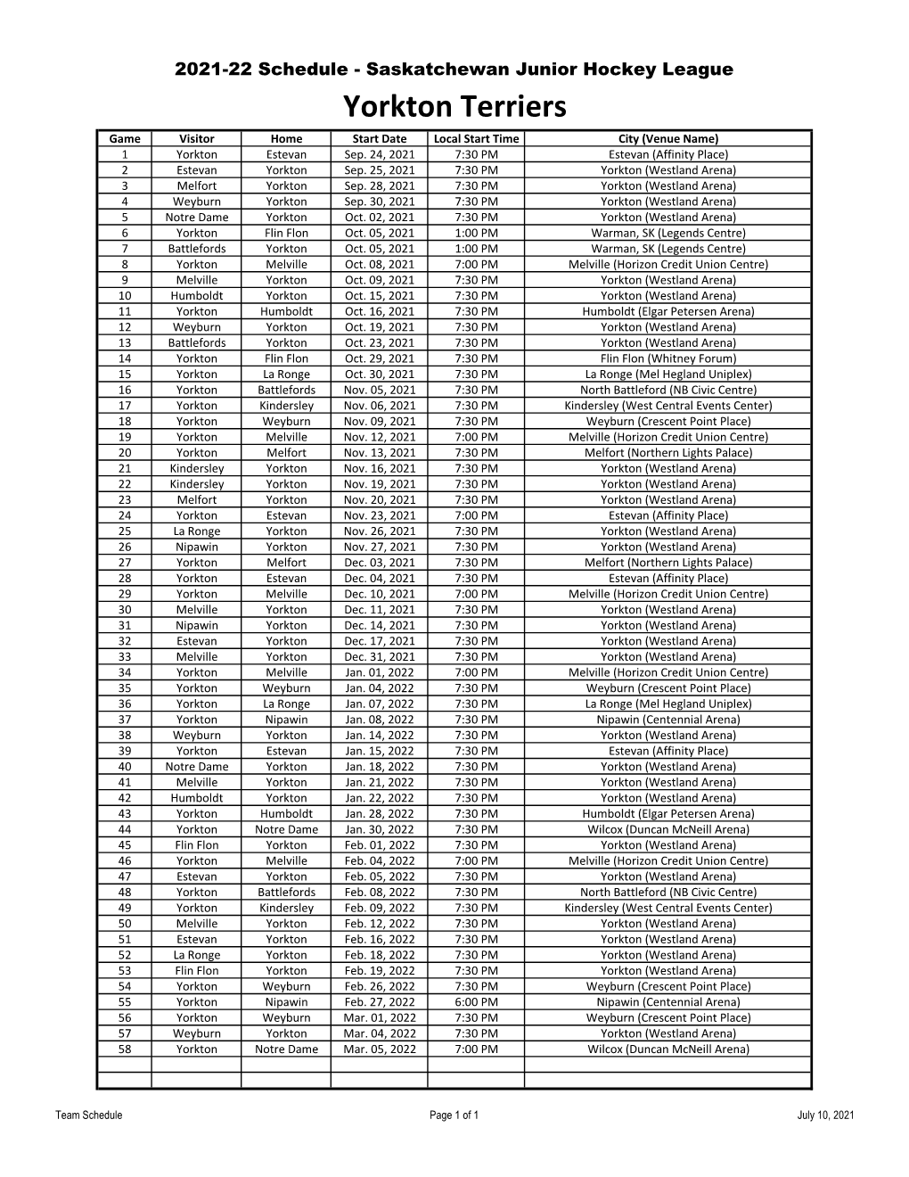 Yorkton Terriers Game Visitor Home Start Date Local Start Time City (Venue Name) 1 Yorkton Estevan Sep