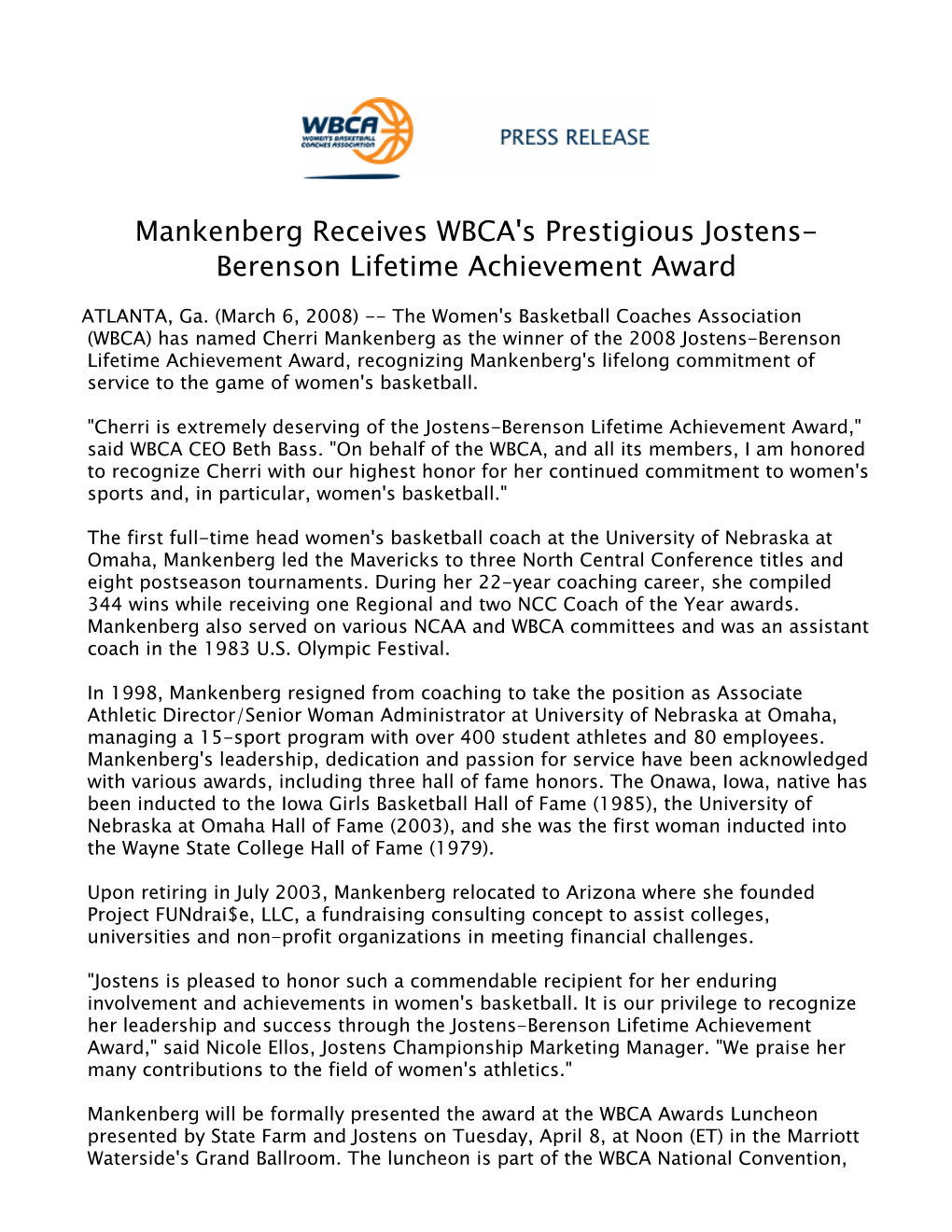 Mankenberg Receives WBCA's Prestigious Jostens-Berenson