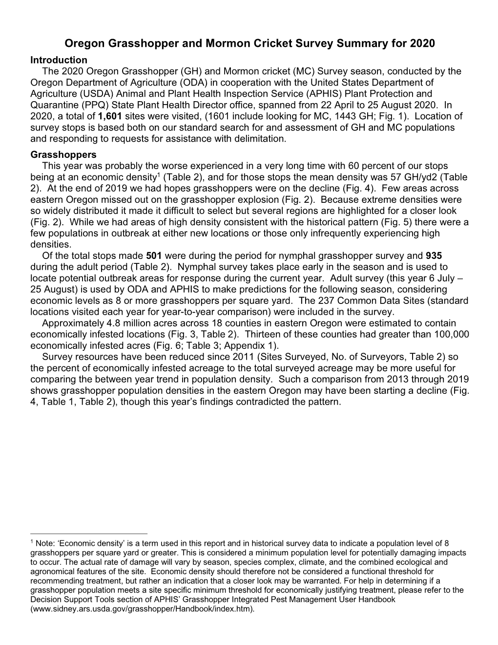 Oregon Grasshopper and Mormon Cricket Survey Summary for 2020