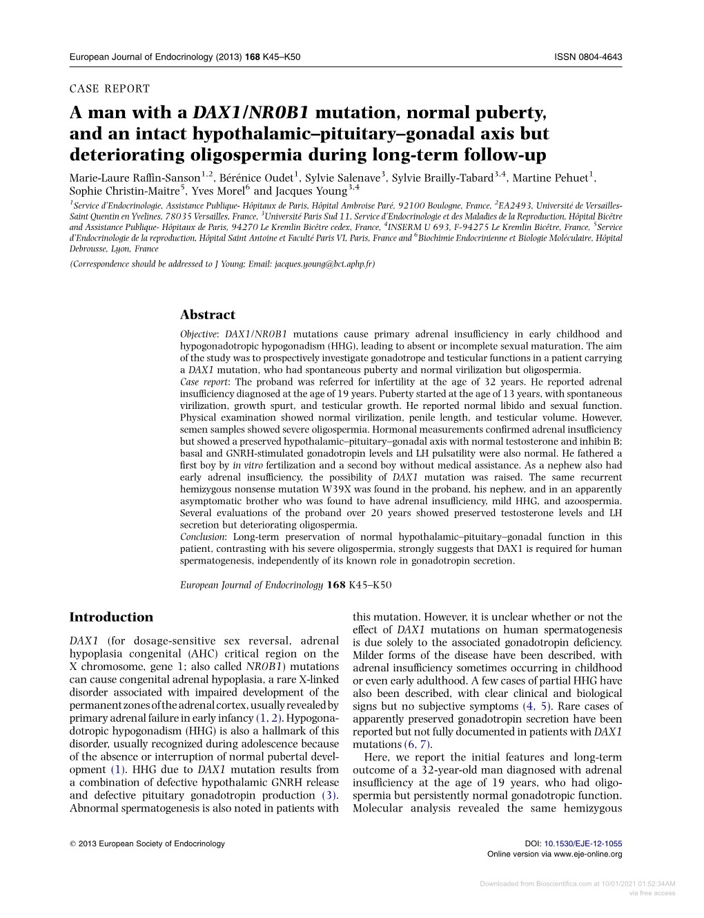 A Man with a DAX1/NR0B1 Mutation, Normal Puberty, and an Intact Hypothalamic–Pituitary–Gonadal Axis but Deteriorating Oligos