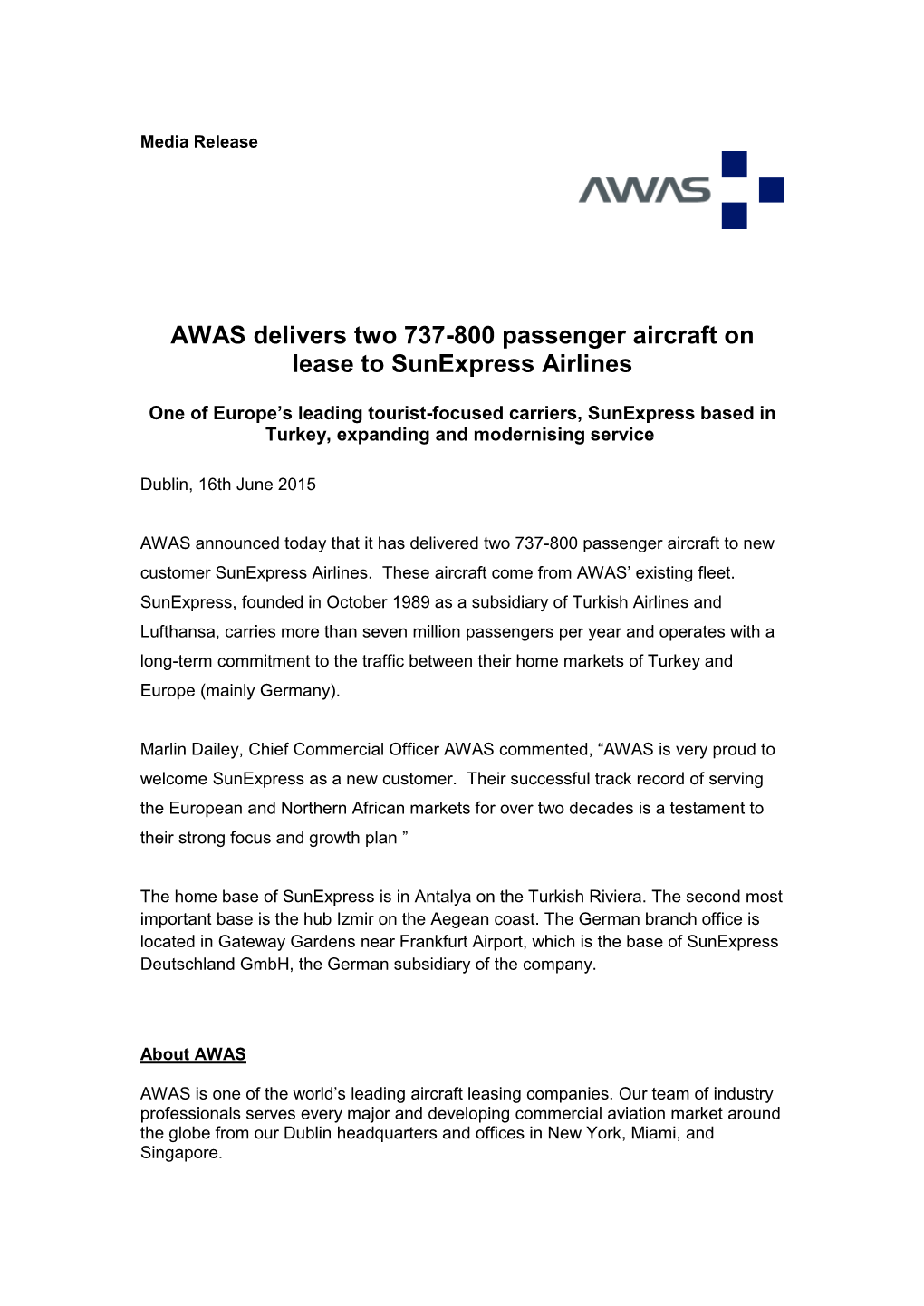 AWAS Delivers Two 737-800 Passenger Aircraft on Lease to Sunexpress Airlines