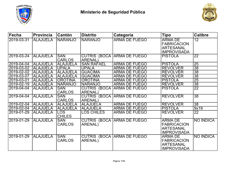 Ministerio De Seguridad Pública Fecha Provincia Cantón Distrito