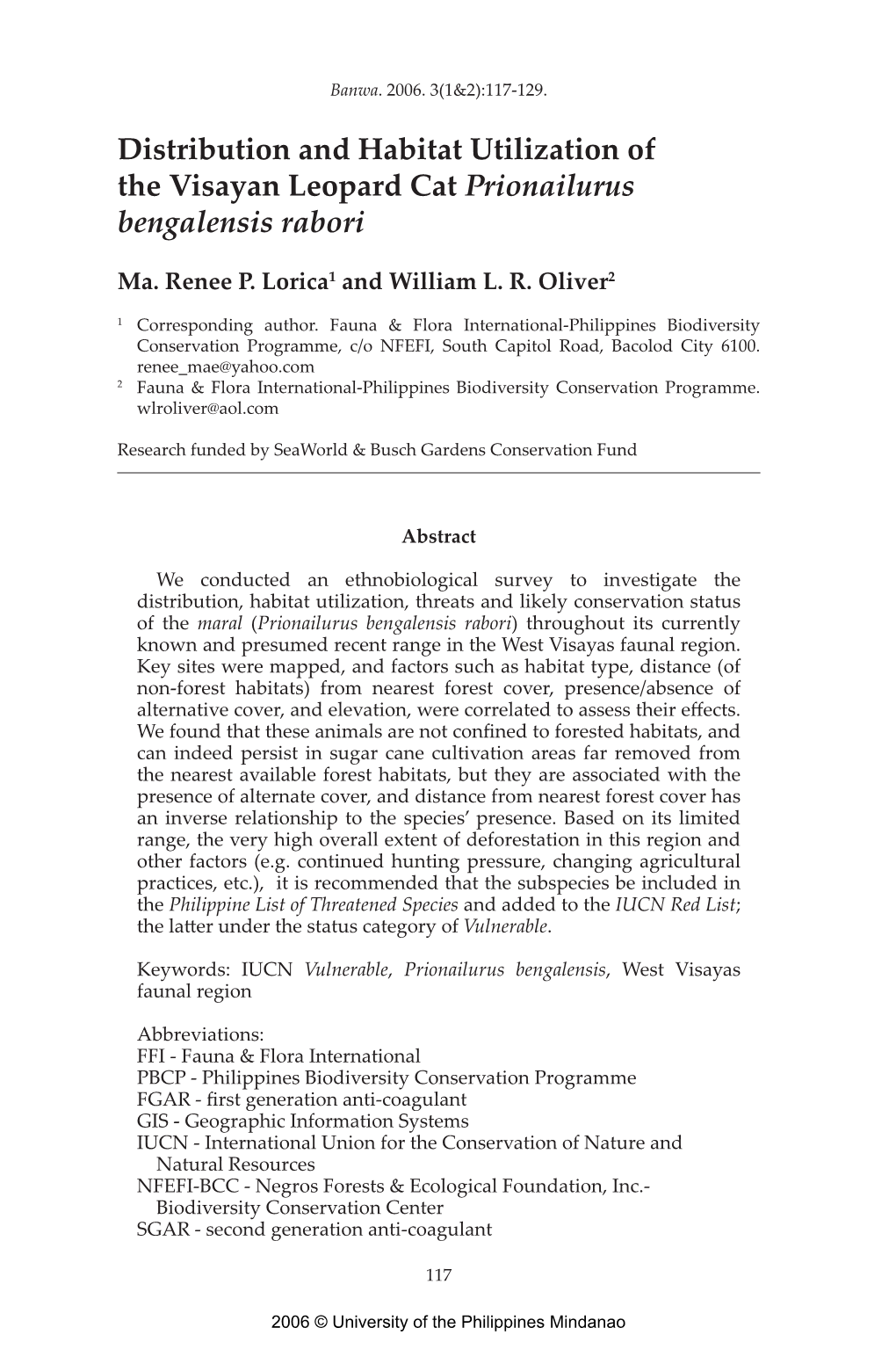 Distribution and Habitat Utilization of the Visayan Leopard Cat Prionailurus Bengalensis Rabori