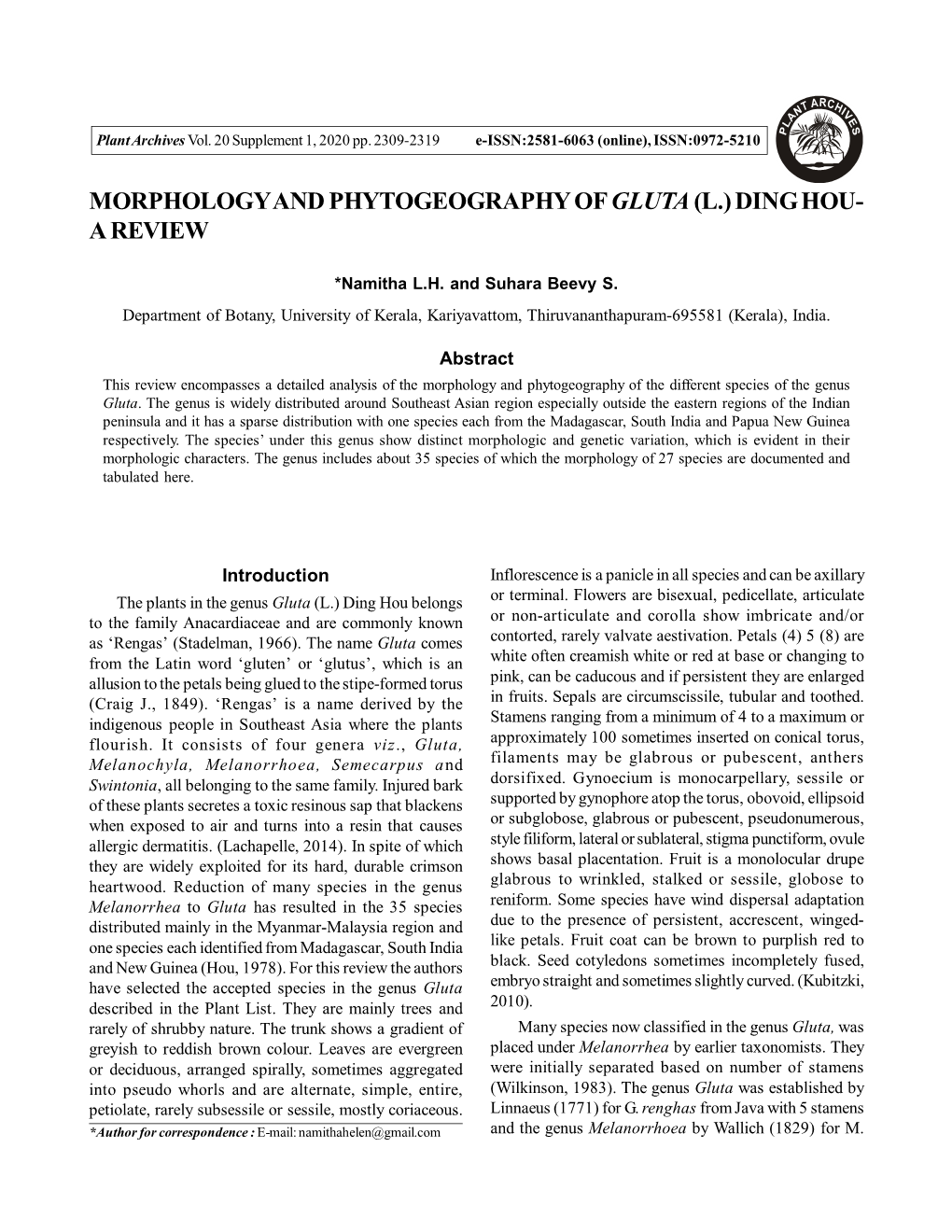 Morphology and Phytogeography of Gluta(L