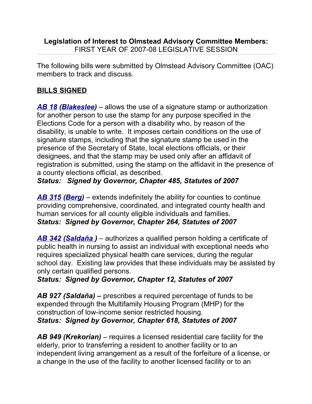 Legislation of Interest to Olmstead Advisory Committee Members