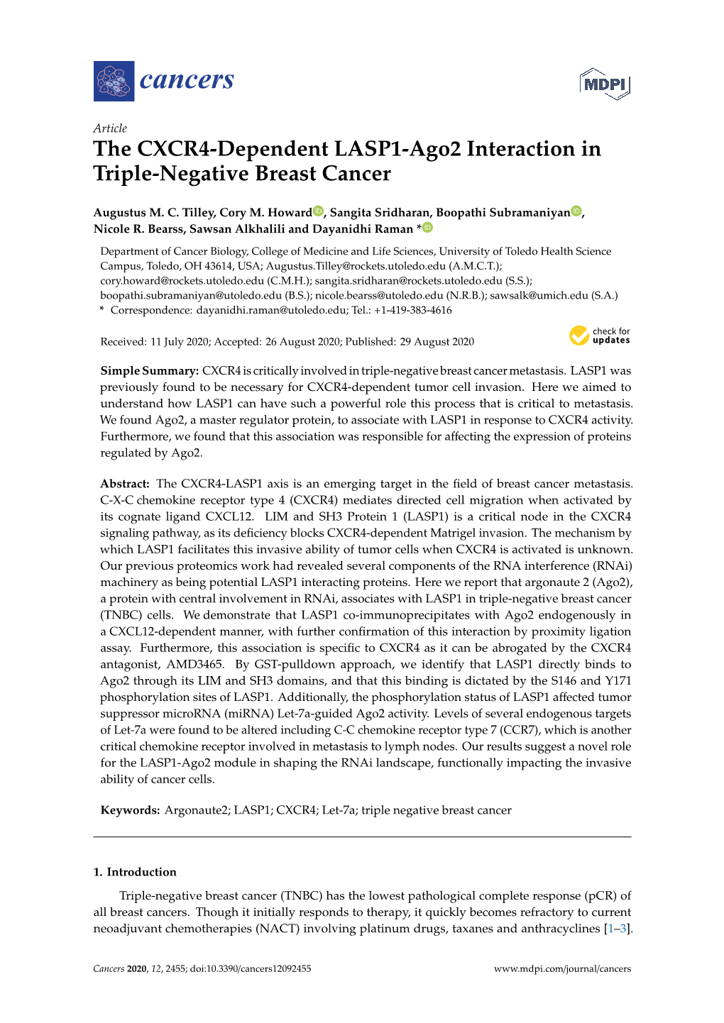 The CXCR4-Dependent LASP1-Ago2 Interaction in Triple-Negative Breast Cancer