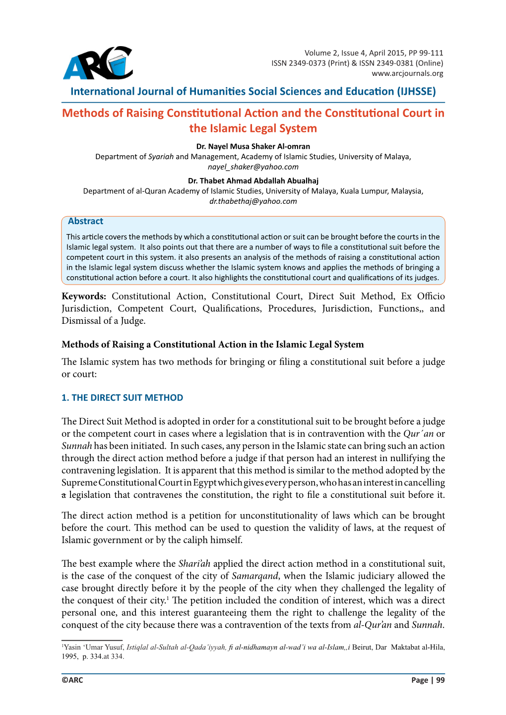 (IJHSSE) Methods of Raising Constitutional Action and the Constitutional Court in the Islamic Legal System Dr