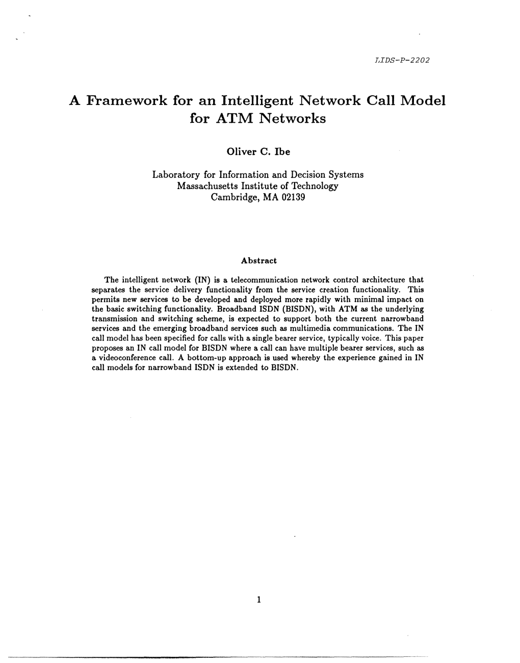 A Framework for an Intelligent Network Call Model for ATM Networks