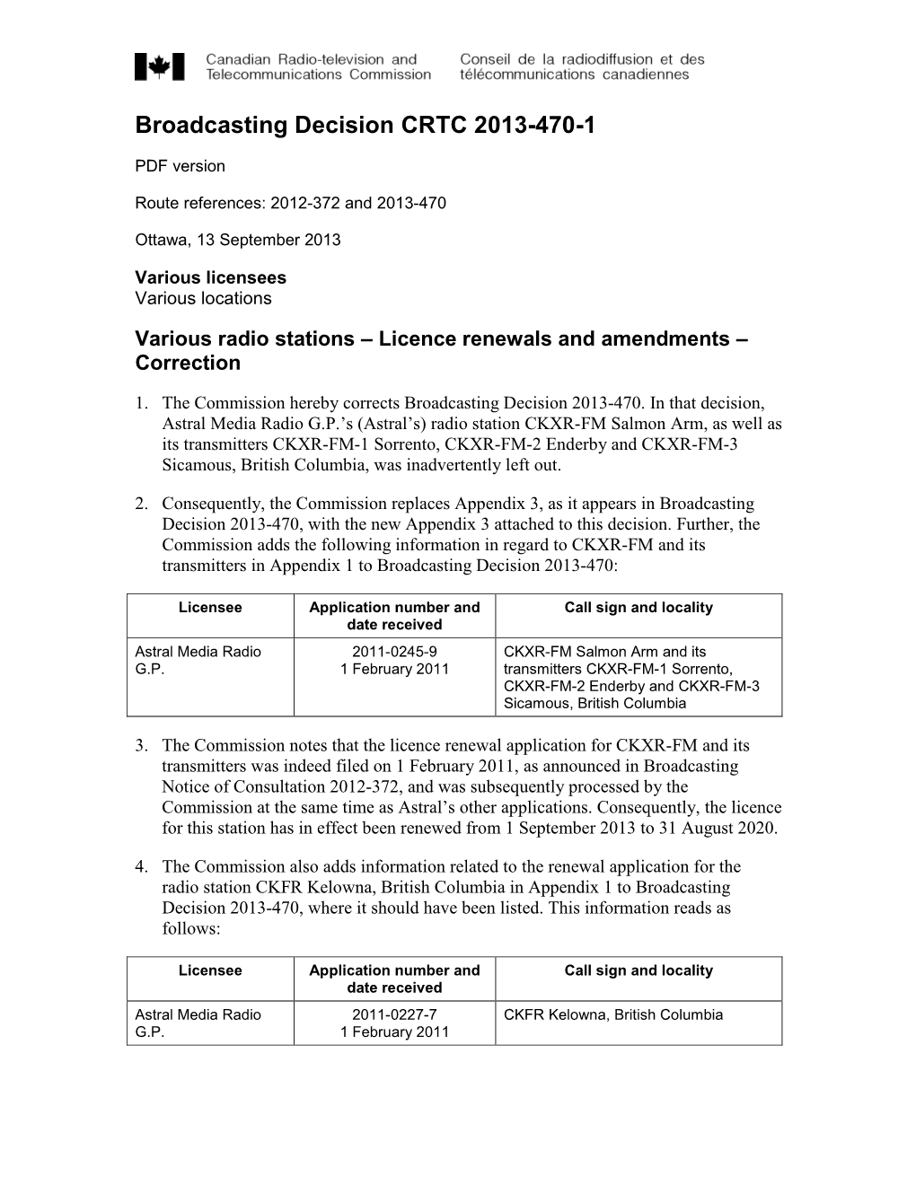 Broadcasting Decision CRTC 2013-470-1