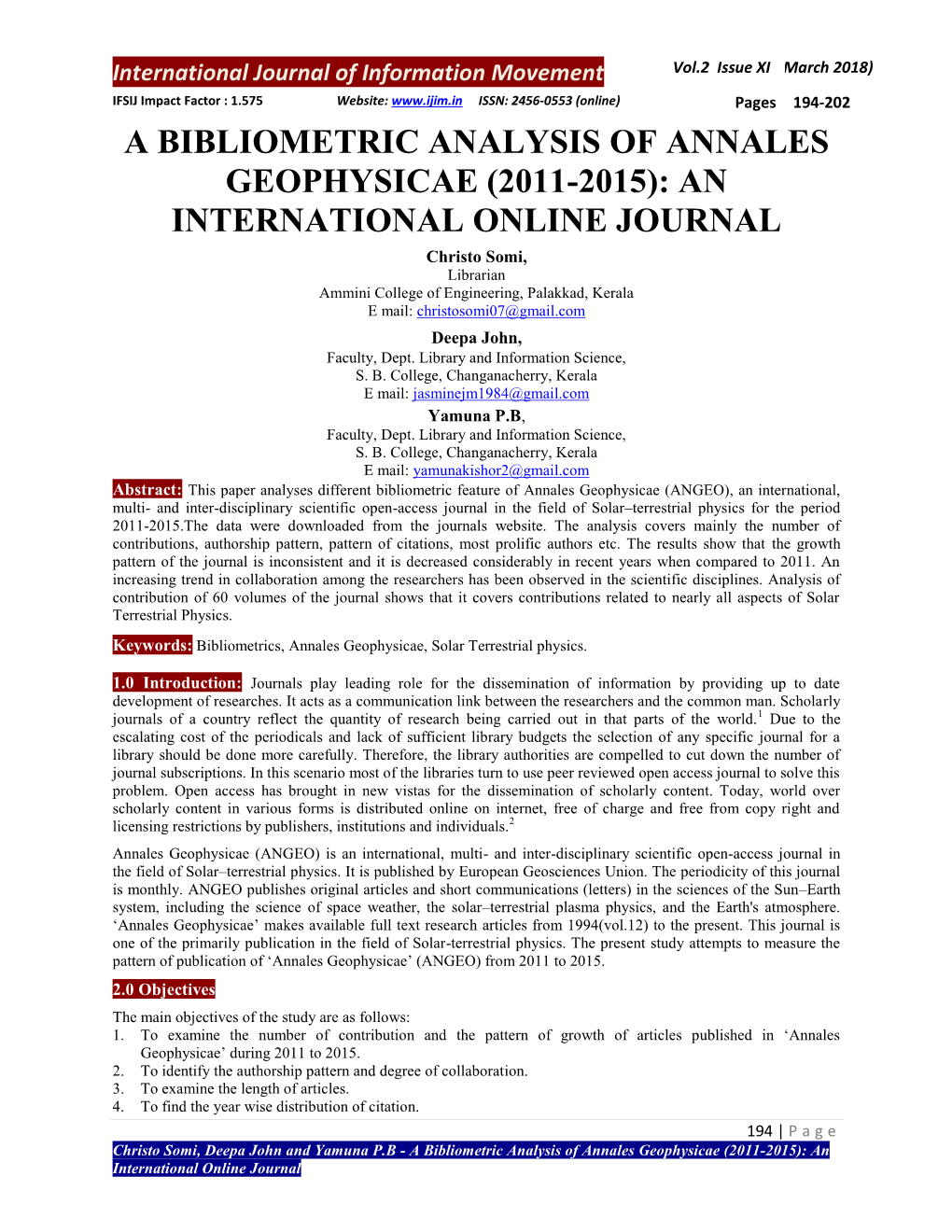 A Bibliometric Analysis of Annales Geophysicae (2011-2015): an International Online Journal