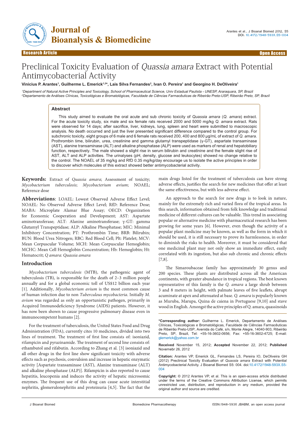 Preclinical Toxicity Evaluation of Quassia Amara Extract with Potential Antimycobacterial Activity Vinicius P