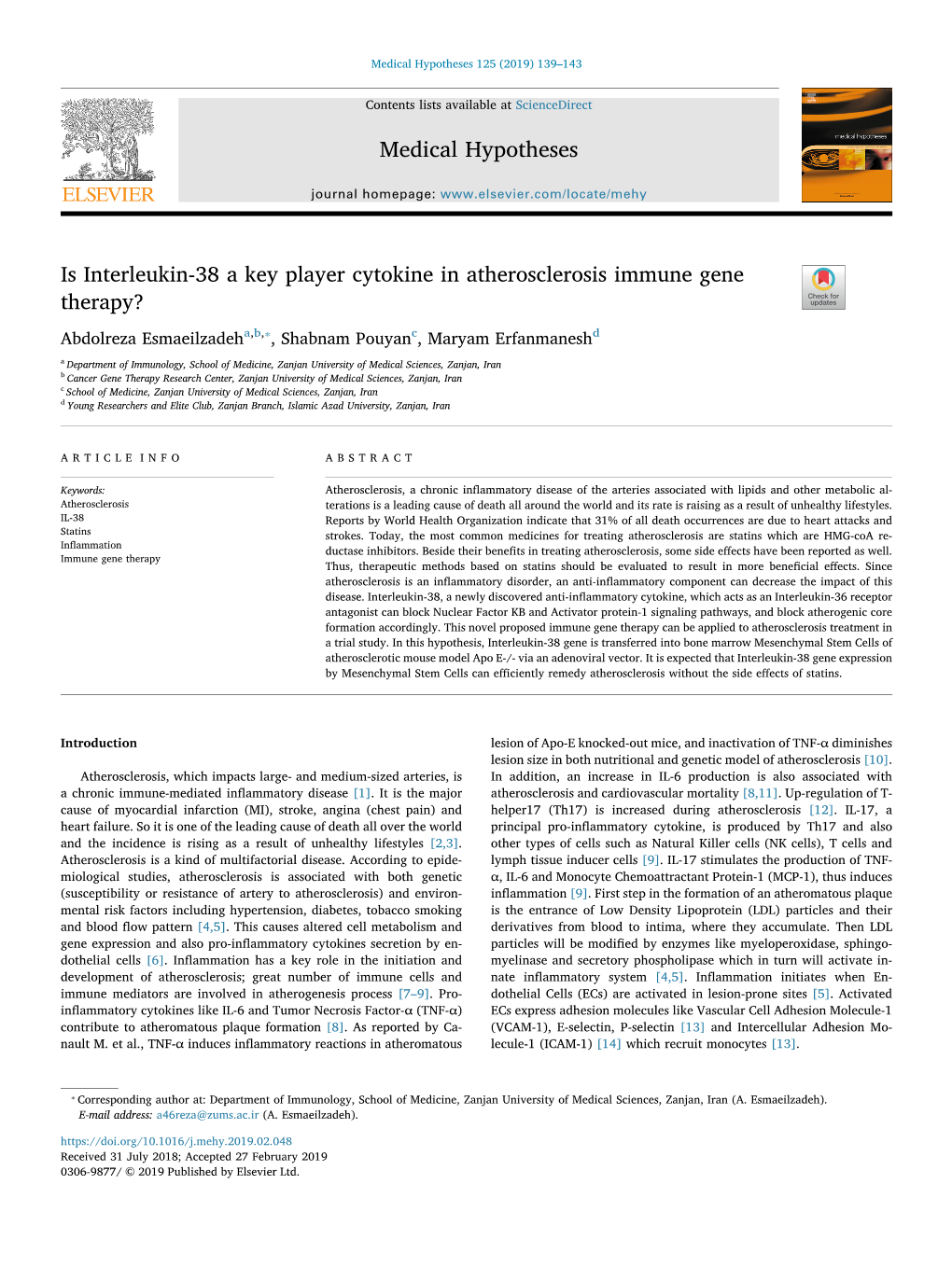 Is Interleukin-38 a Key Player Cytokine in Atherosclerosis Immune Gene