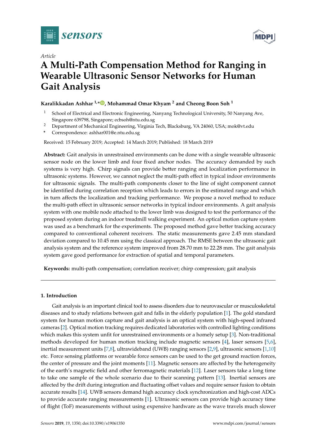 A Multi-Path Compensation Method for Ranging in Wearable Ultrasonic Sensor Networks for Human Gait Analysis