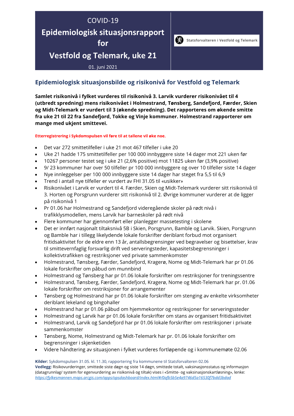 Epidemiologisk Situasjonsrapport for Vestfold Og Telemark, Uke 21