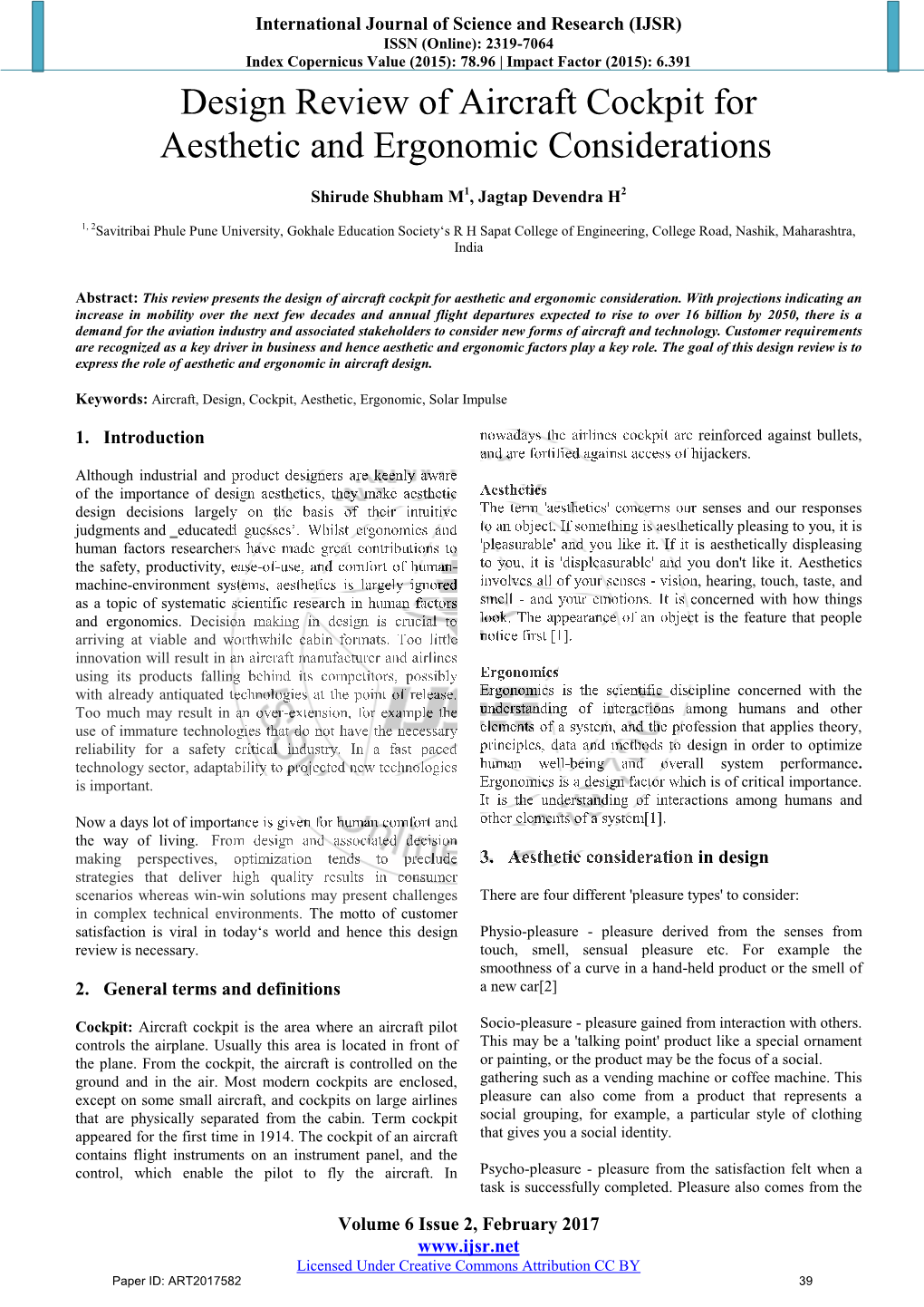 Design Review of Aircraft Cockpit for Aesthetic and Ergonomic Considerations