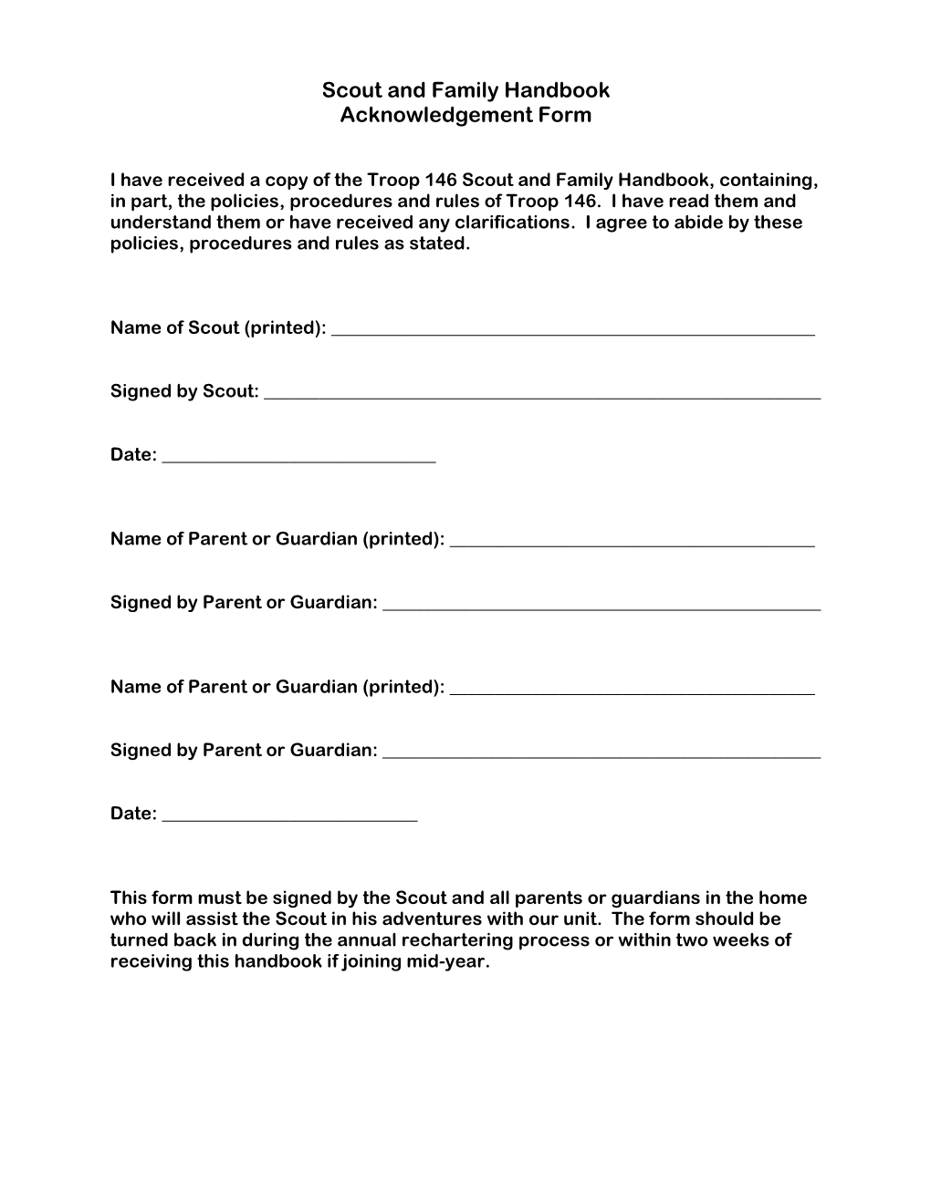 Scout and Family Handbook Acknowledgement Form