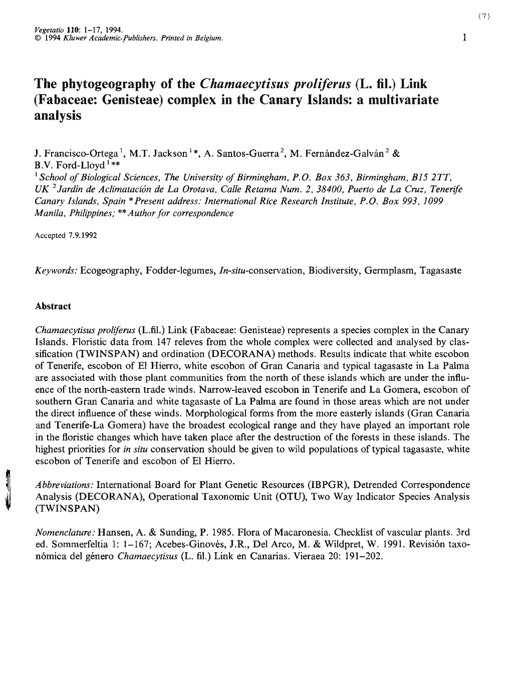 The Phytogeography of the Chamaecytisus Proliferus (L. Fil.) Link (Fabaceae: Genisteae) Complex in the Canary Islands: a Multivariate Analysis
