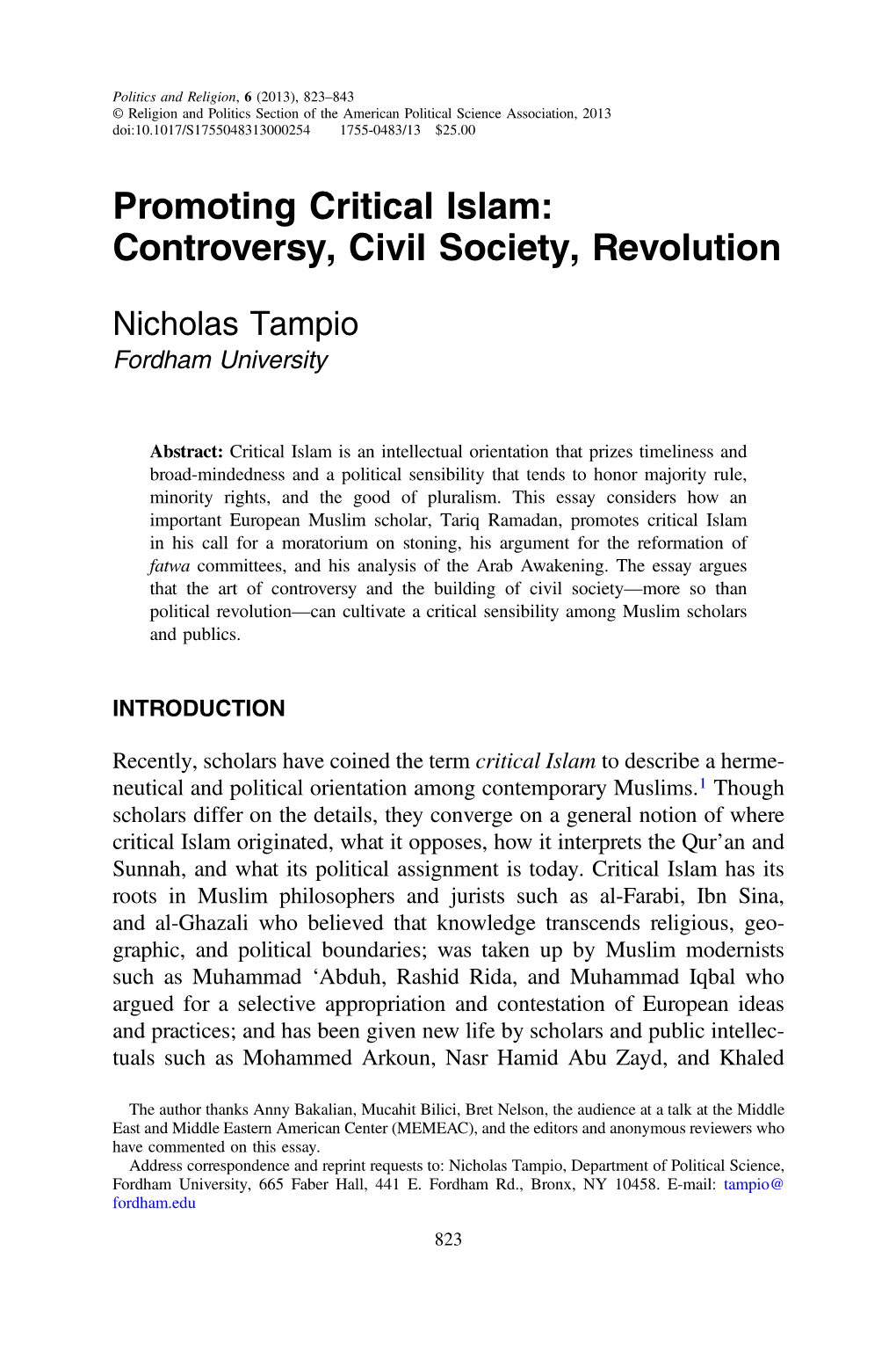 Promoting Critical Islam: Controversy, Civil Society, Revolution