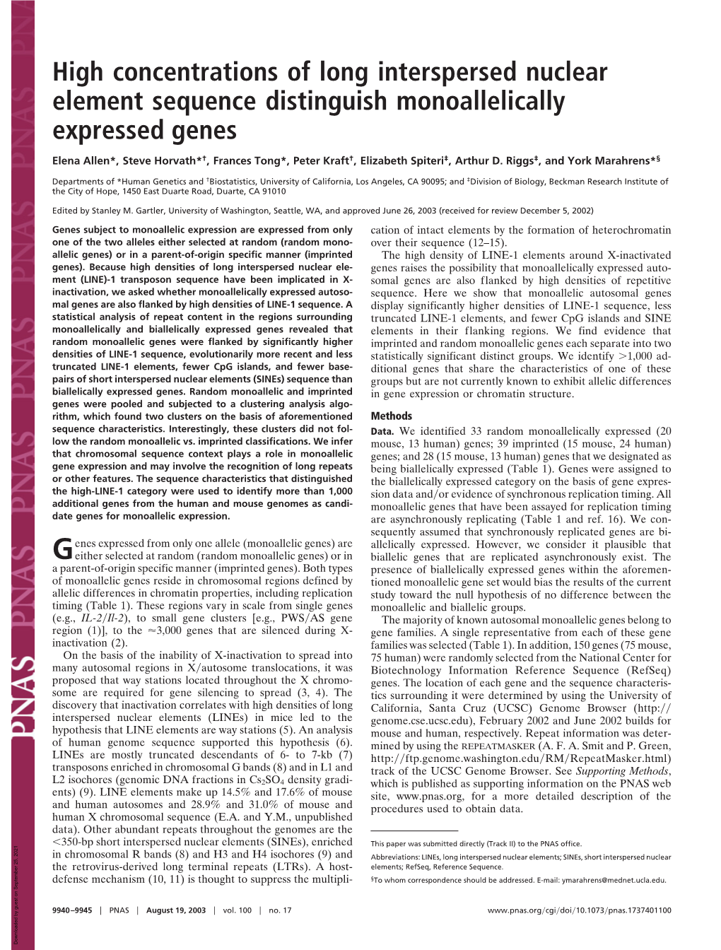 High Concentrations of Long Interspersed Nuclear Element Sequence Distinguish Monoallelically Expressed Genes