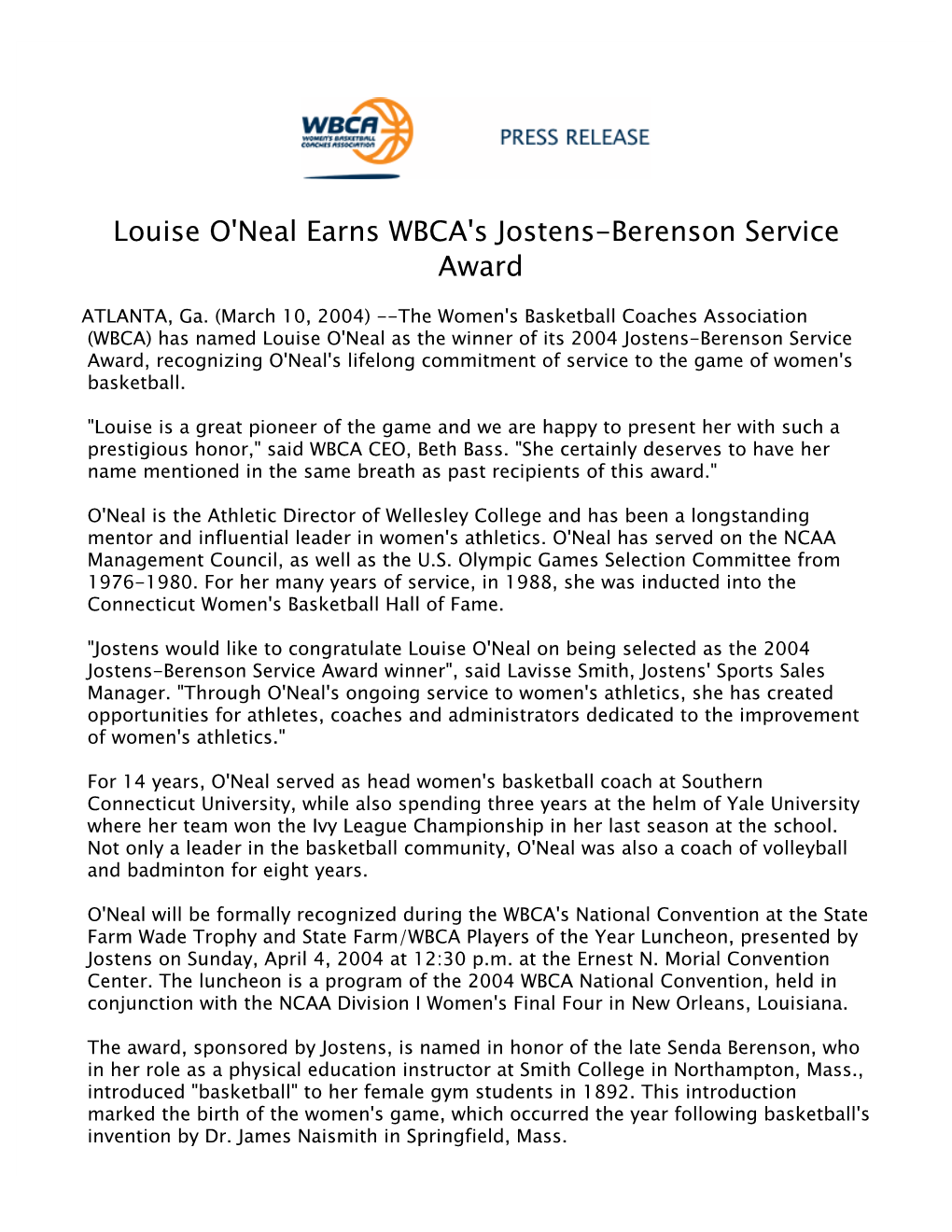 Louise O'neal Earns WBCA's Jostens-Berenson Service Award