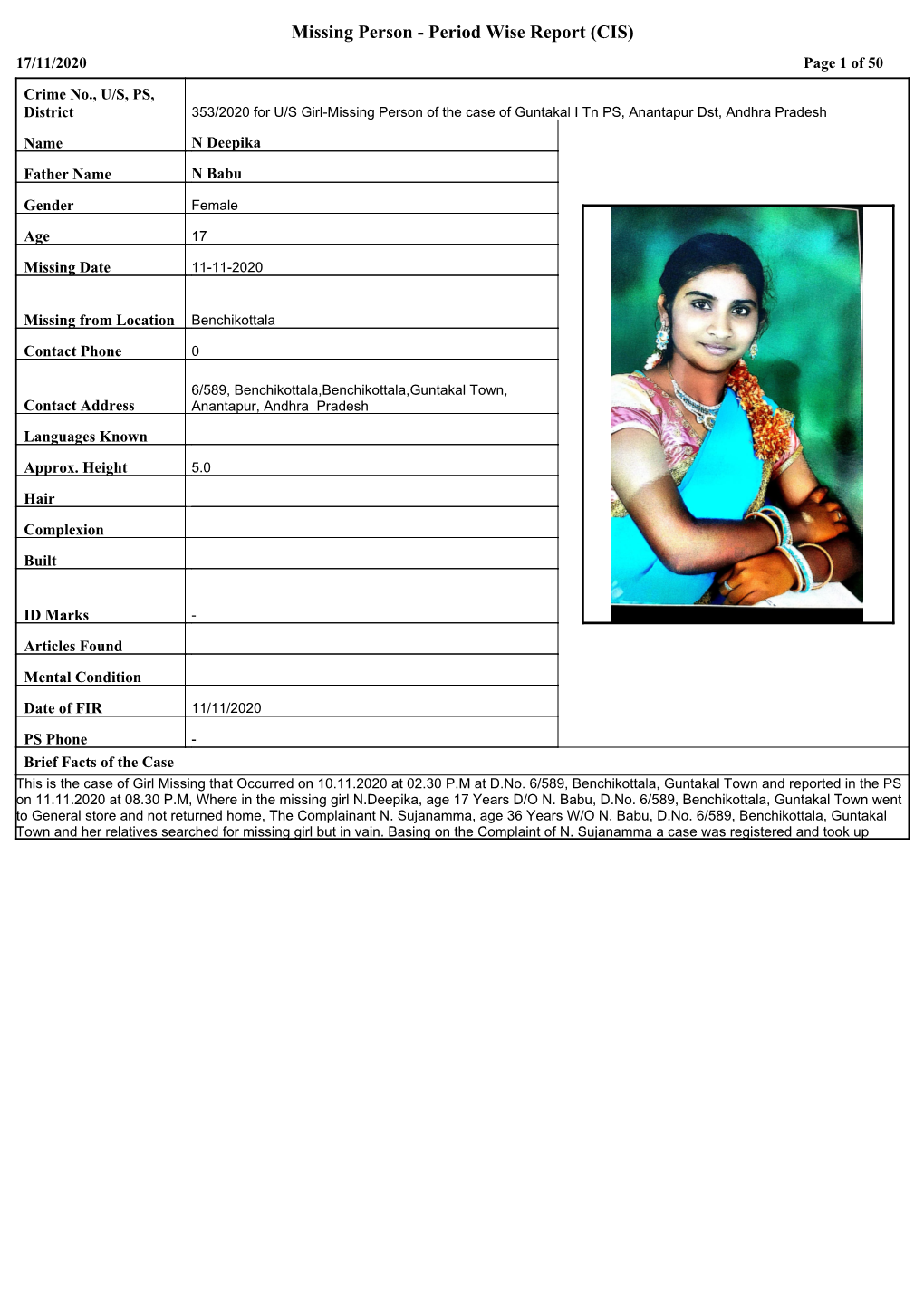 Missing Person - Period Wise Report (CIS) 17/11/2020 Page 1 of 50