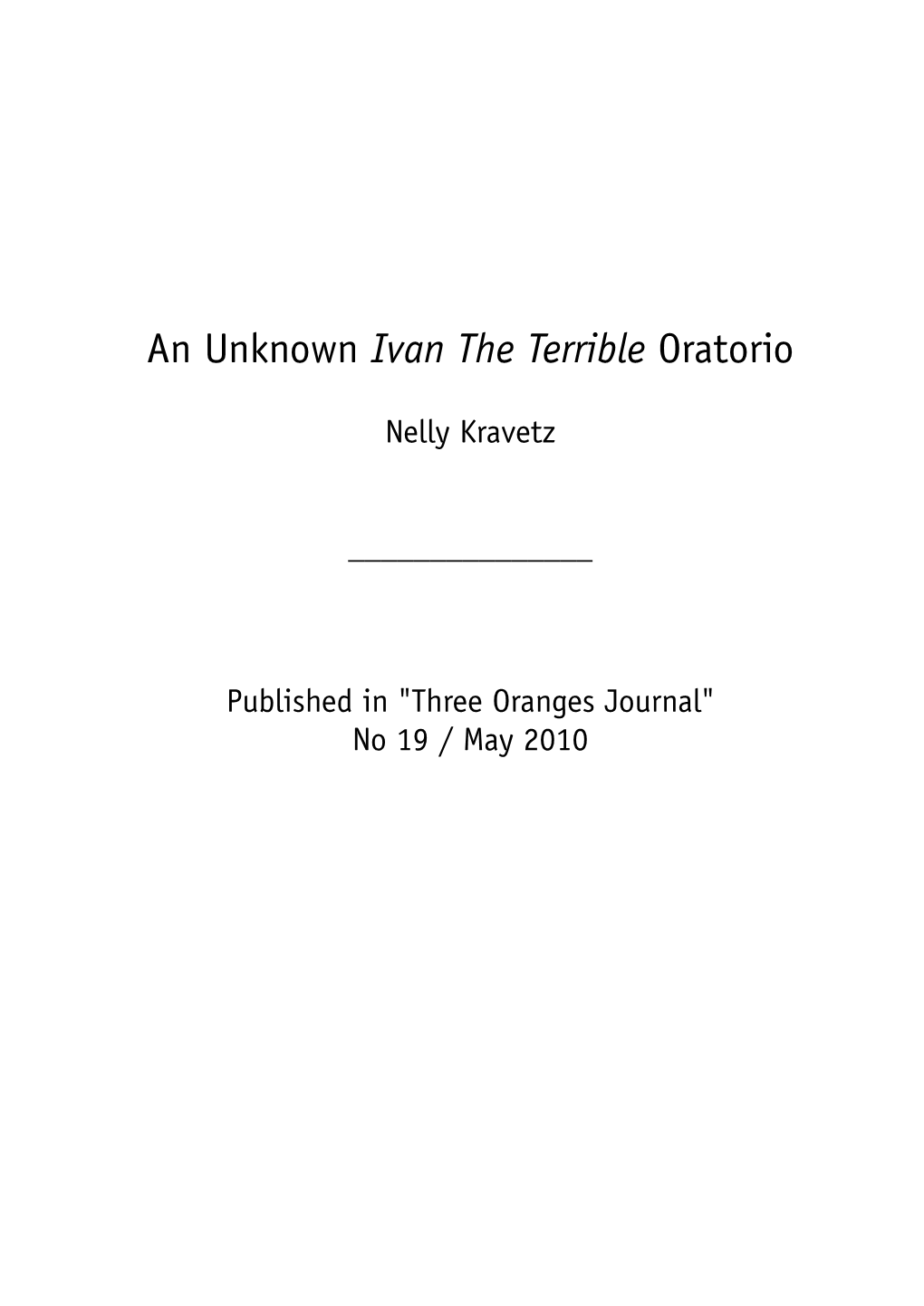 An Unknown Ivan the Terrible Oratorio