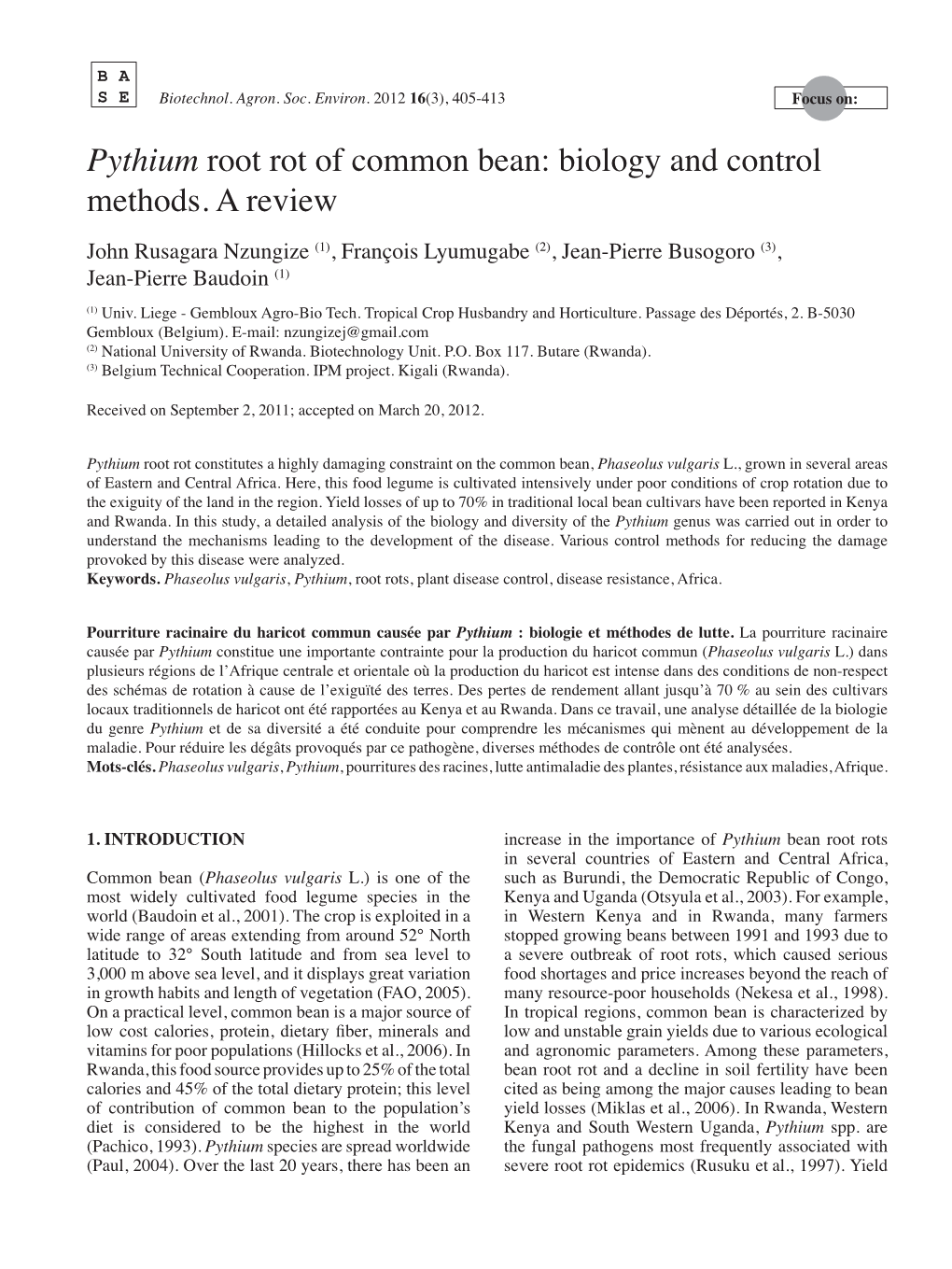 Pythium Root Rot of Common Bean: Biology and Control Methods. a Review