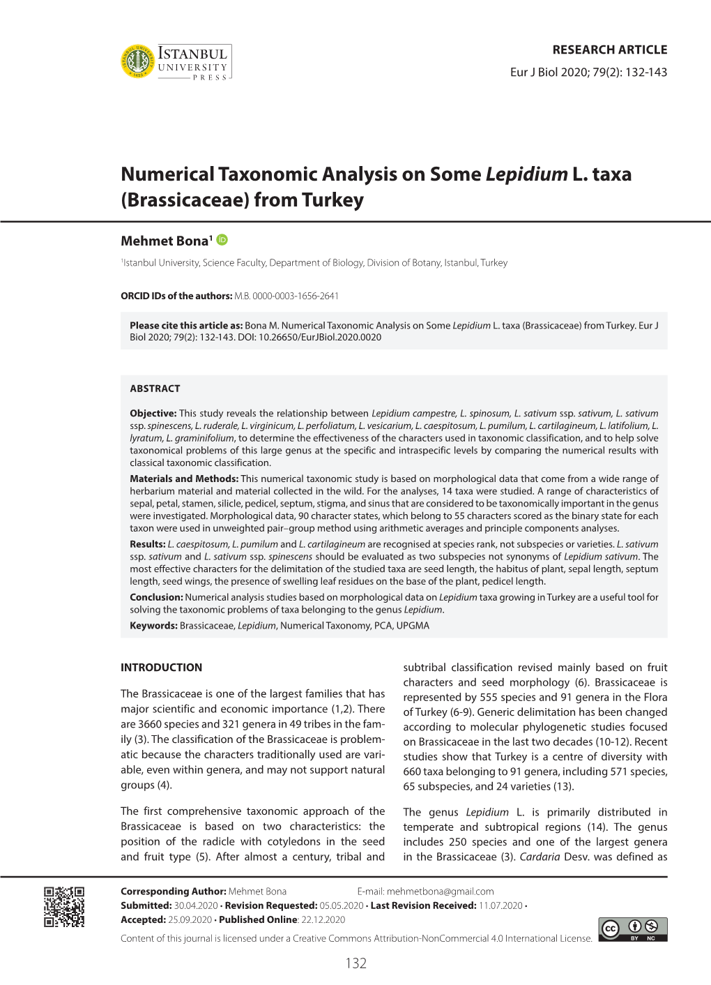 Numerical Taxonomic Analysis on Some Lepidium L. Taxa (Brassicaceae) from Turkey