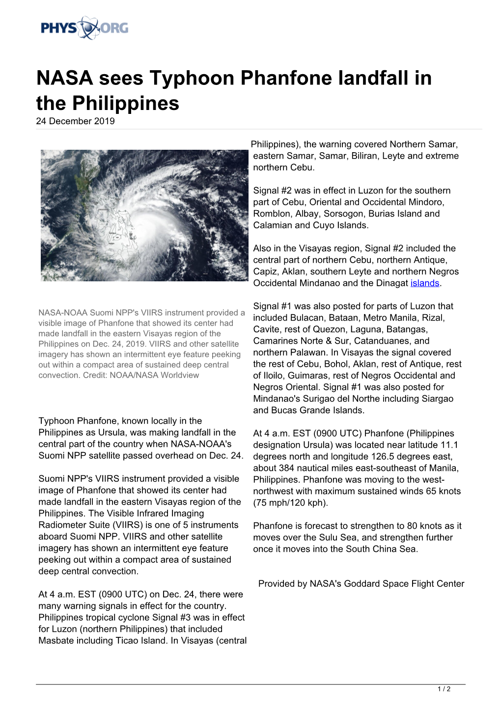 NASA Sees Typhoon Phanfone Landfall in the Philippines 24 December 2019