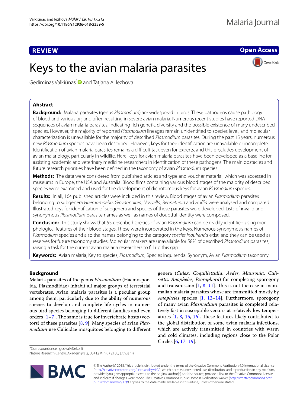 Keys to the Avian Malaria Parasites Gediminas Valkiūnas* and Tatjana A