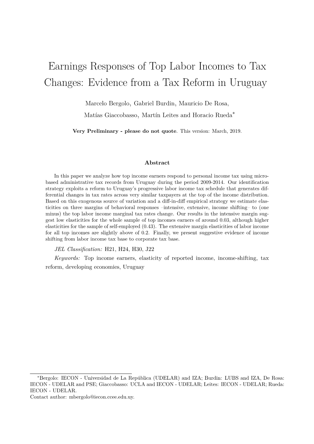 Earnings Responses of Top Labor Incomes to Tax Changes: Evidence from a Tax Reform in Uruguay