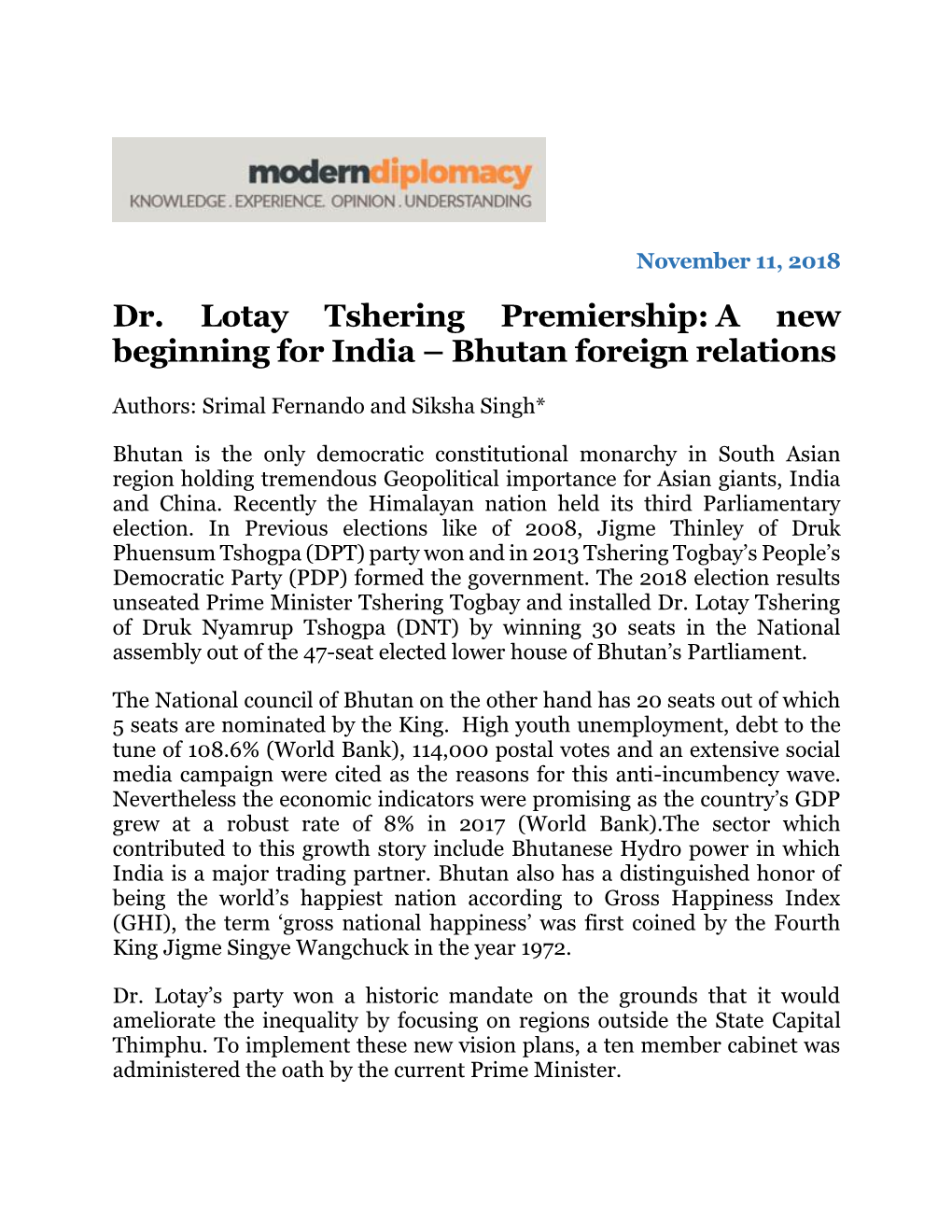 Dr. Lotay Tshering Premiership: a New Beginning for India – Bhutan Foreign Relations