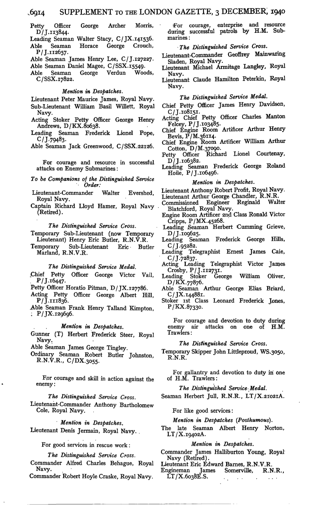 6914 SUPPLEMENT to the LONDON GAZETTE, 3 DECEMBER, 1940 Petty Officer George Archer Morris, 'For Courage, Enterprise and Resource D/J.H3844