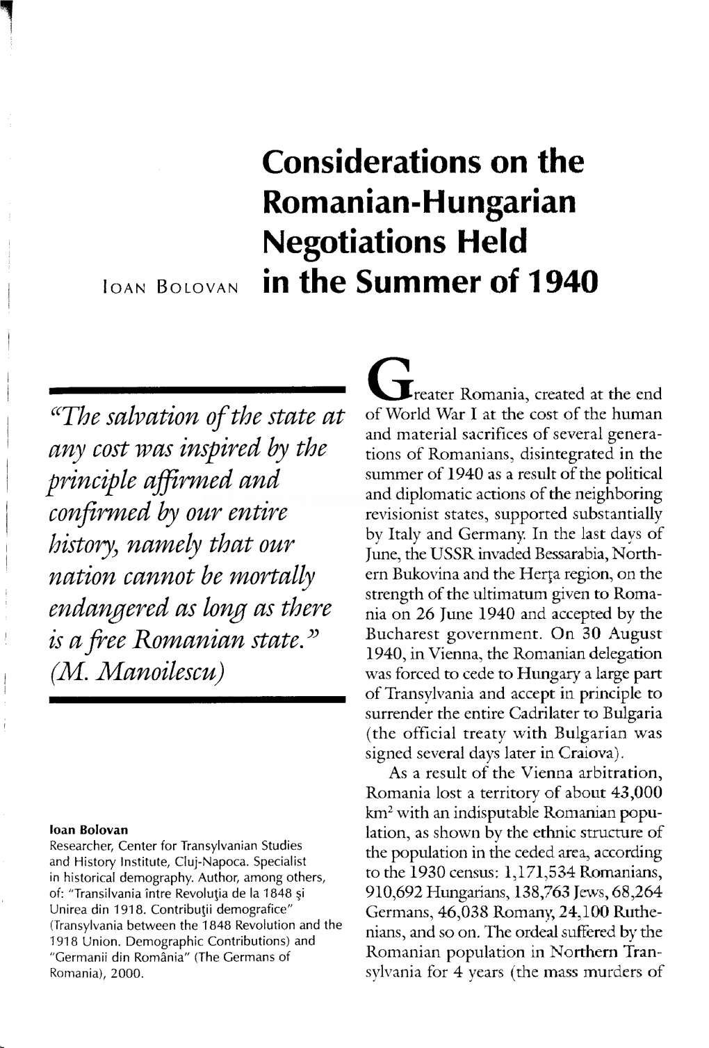 Considerations on the Romanian-Hungarian Negotiations Held