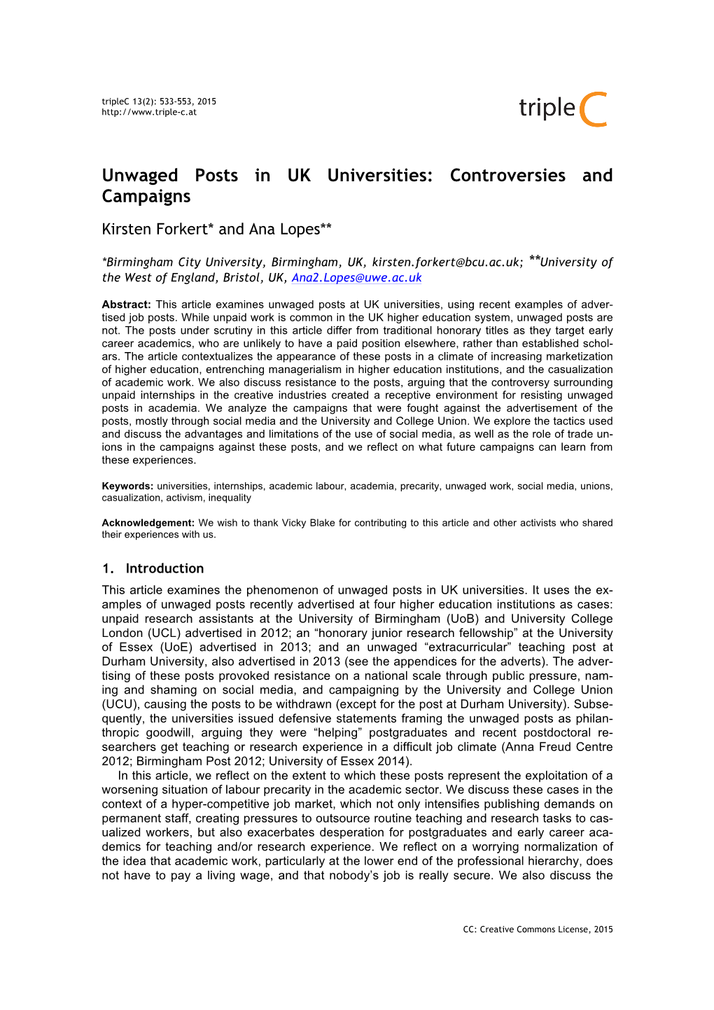 Unwaged Posts in UK Universities: Controversies and Campaigns