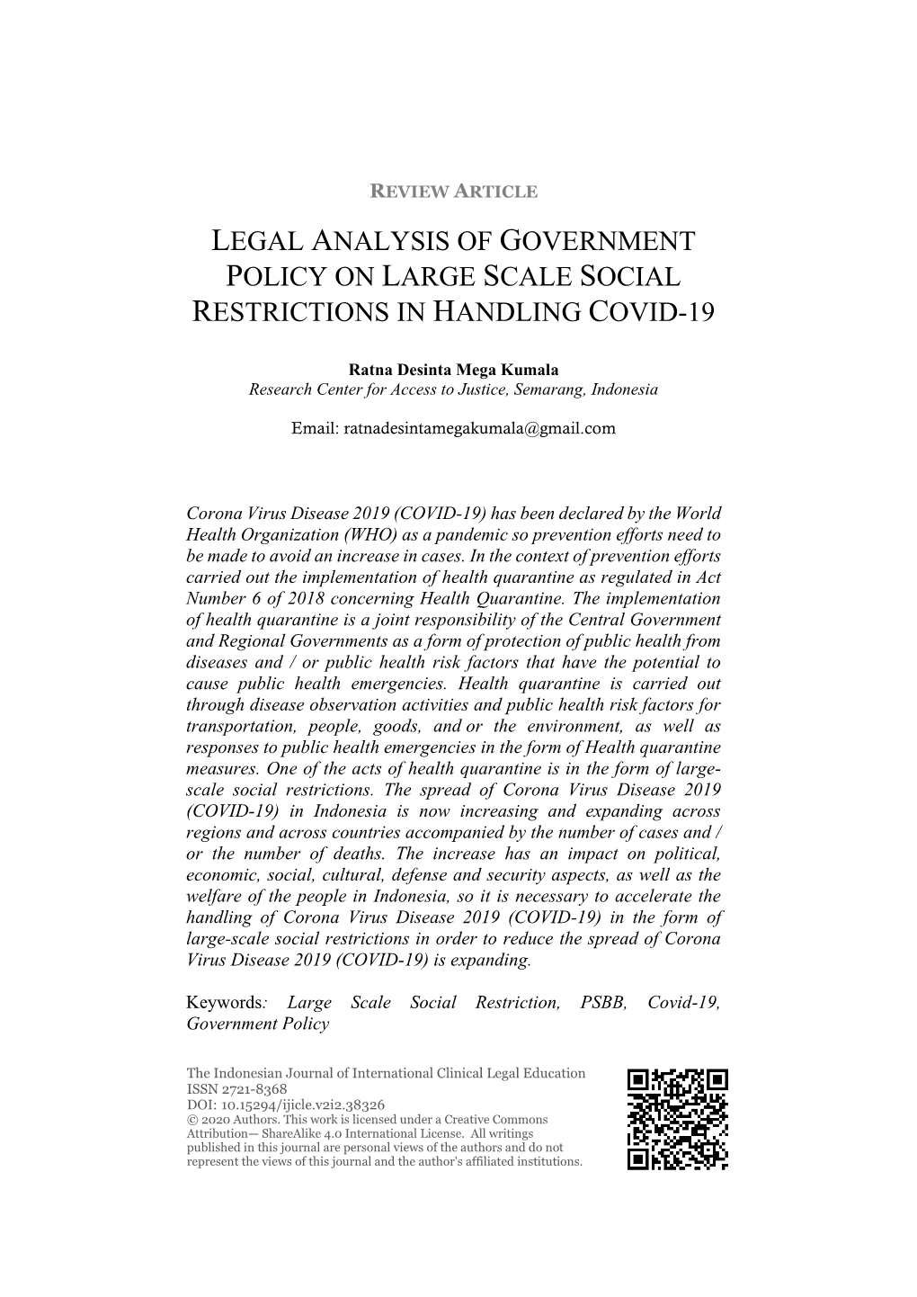 Legal Analysis of Government Policy on Large Scale Social Restrictions in Handling Covid-19