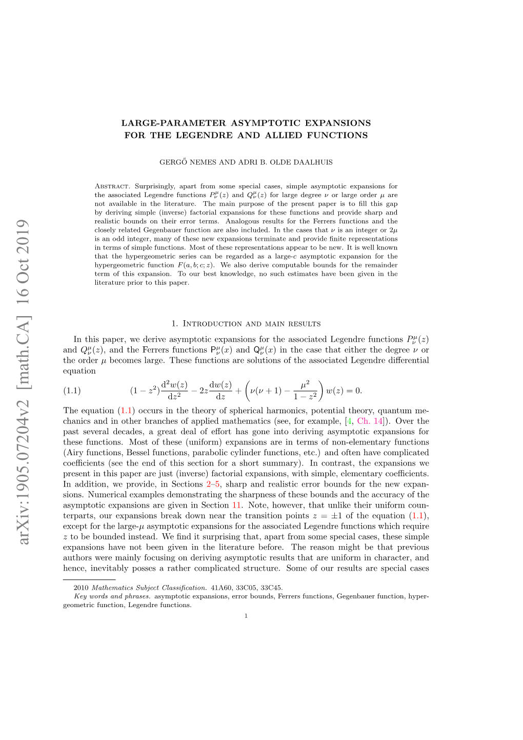 Large-Parameter Asymptotic Expansions for the Legendre and Allied Functions
