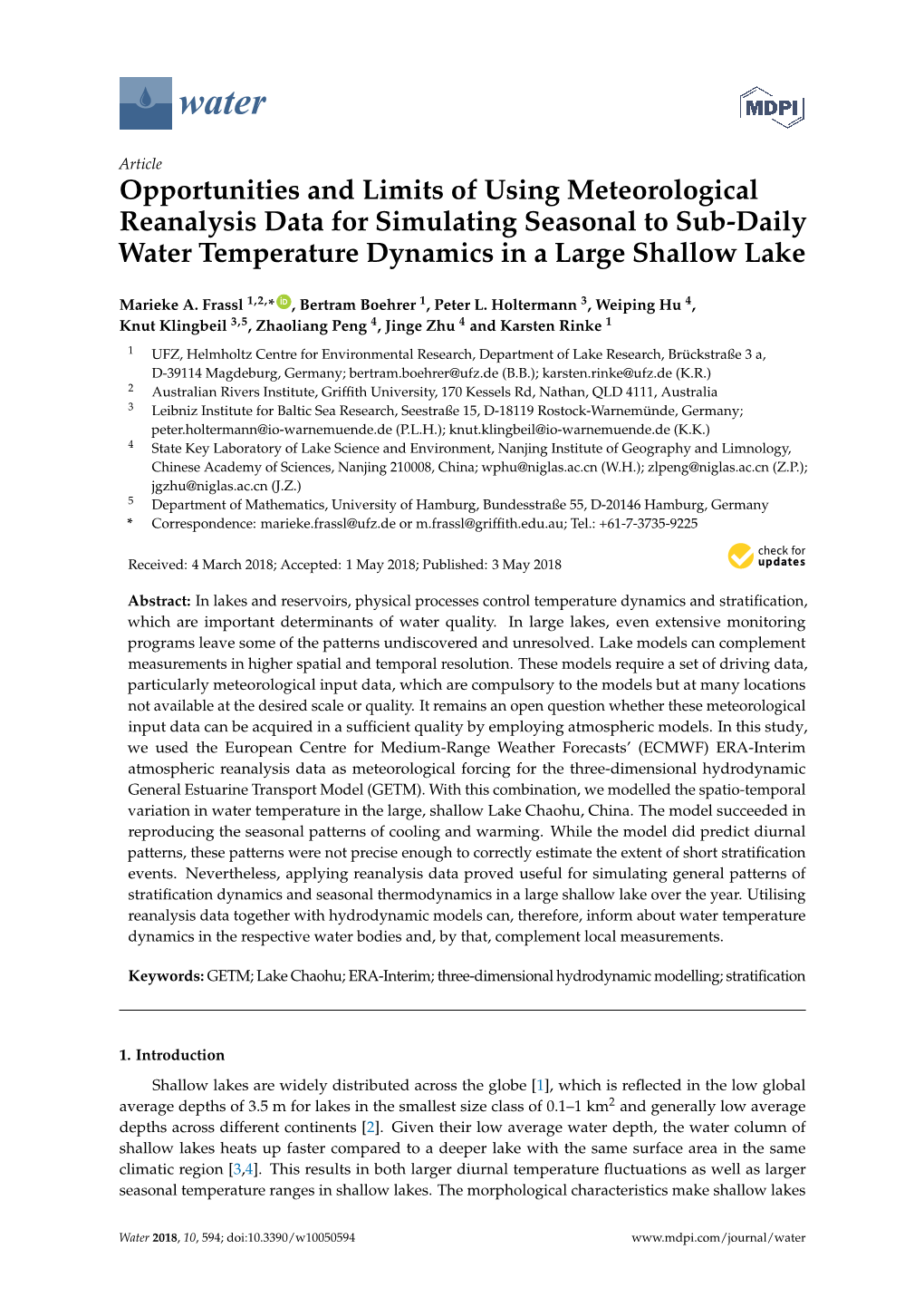 Opportunities and Limits of Using Meteorological Reanalysis Data for Simulating Seasonal to Sub-Daily Water Temperature Dynamics in a Large Shallow Lake