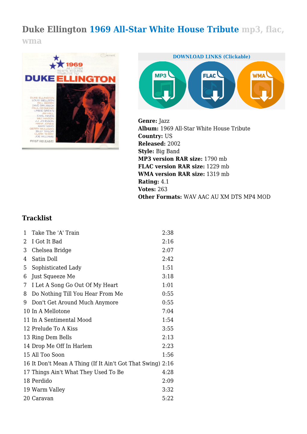 Duke Ellington 1969 All-Star White House Tribute Mp3, Flac, Wma